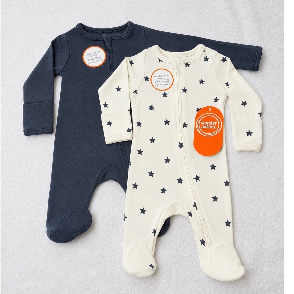 Wonder Nation Newborn Baby Sleep and Play 2 Pack Modal Star Grey 2-Way Zip NWT